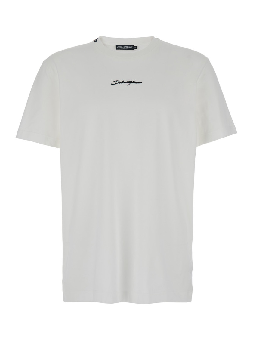 Dolce & Gabbana White Crewneck T-shirt With Signature Logo In Cotton Man In White