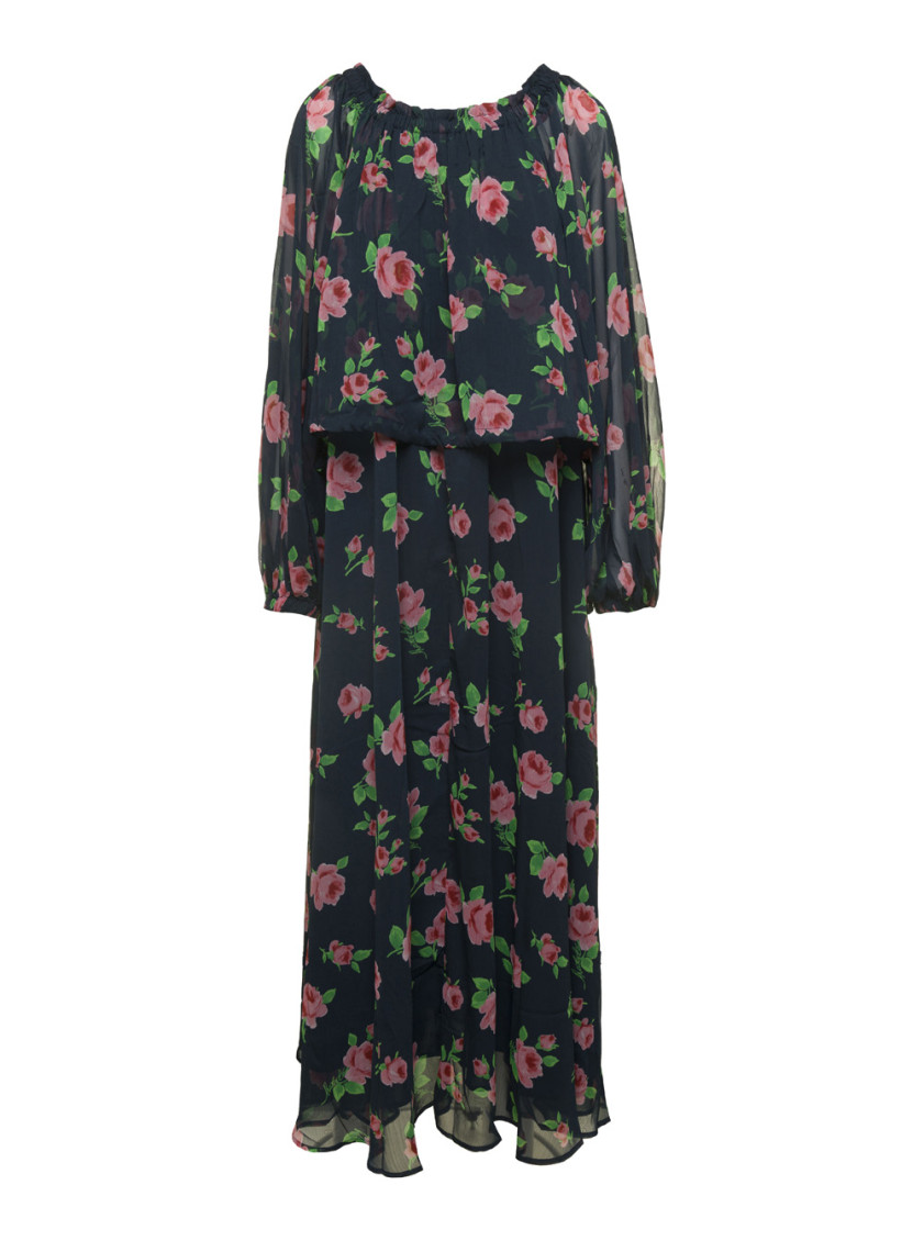 Rotate Birger Christensen Rotate Maxi Multicolor Dress With All-over Roses Print In Chiffon In Multicolor