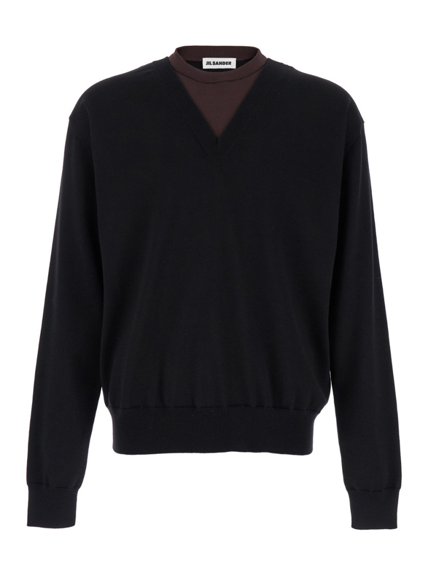 Jil Sander Black And Brown Double-neck Sweater In Wool Man In Black