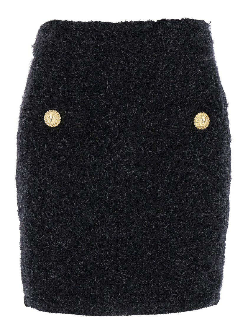 Balmain Black Pencil Mini Skirt With Jewel Buttons In Tweed Woman In Black