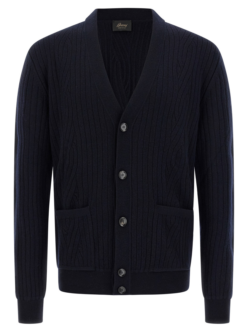 Brioni Ribbed And Braid Cardigan Sweaters And Cardigans Blue In Blue