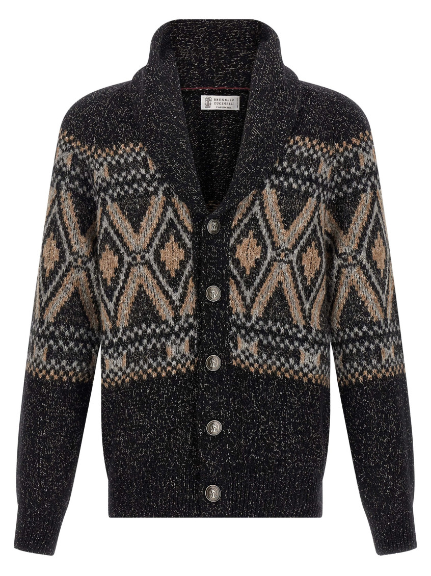Brunello Cucinelli Geometric Jacquard Cardigan Sweaters And Cardigans Multicolor In Gray