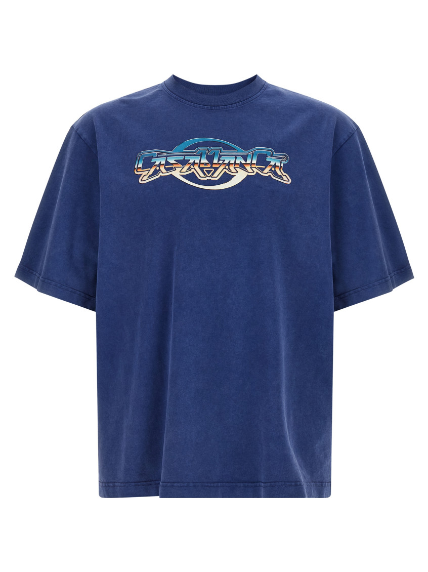 Casablanca Washed Navy Blue Oversized Cotton Crew Neck T-shirt With Graphic Print In Blue