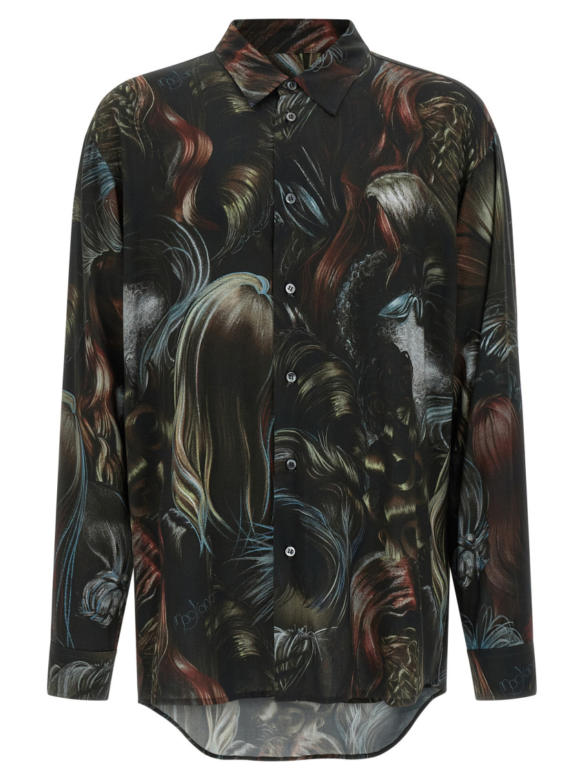 Magliano Wig Motif All-over Print Shirt With Asymmetric Hem In Black