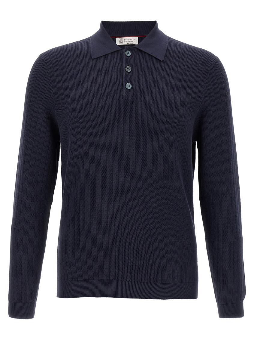 Brunello Cucinelli Blue Crochet Polo Shirt In Blue