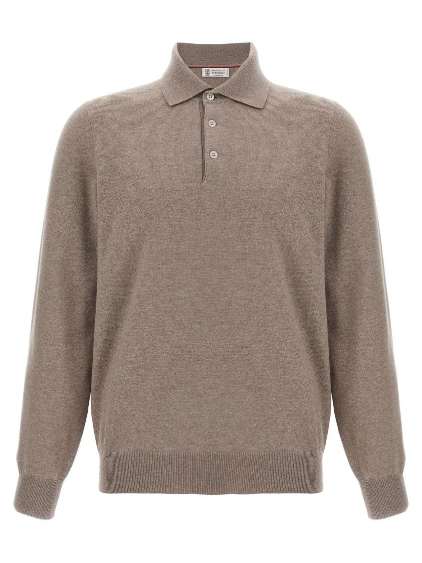 Brunello Cucinelli Cashmere Polo Ribbed Collar Cuffs Hem In Brown