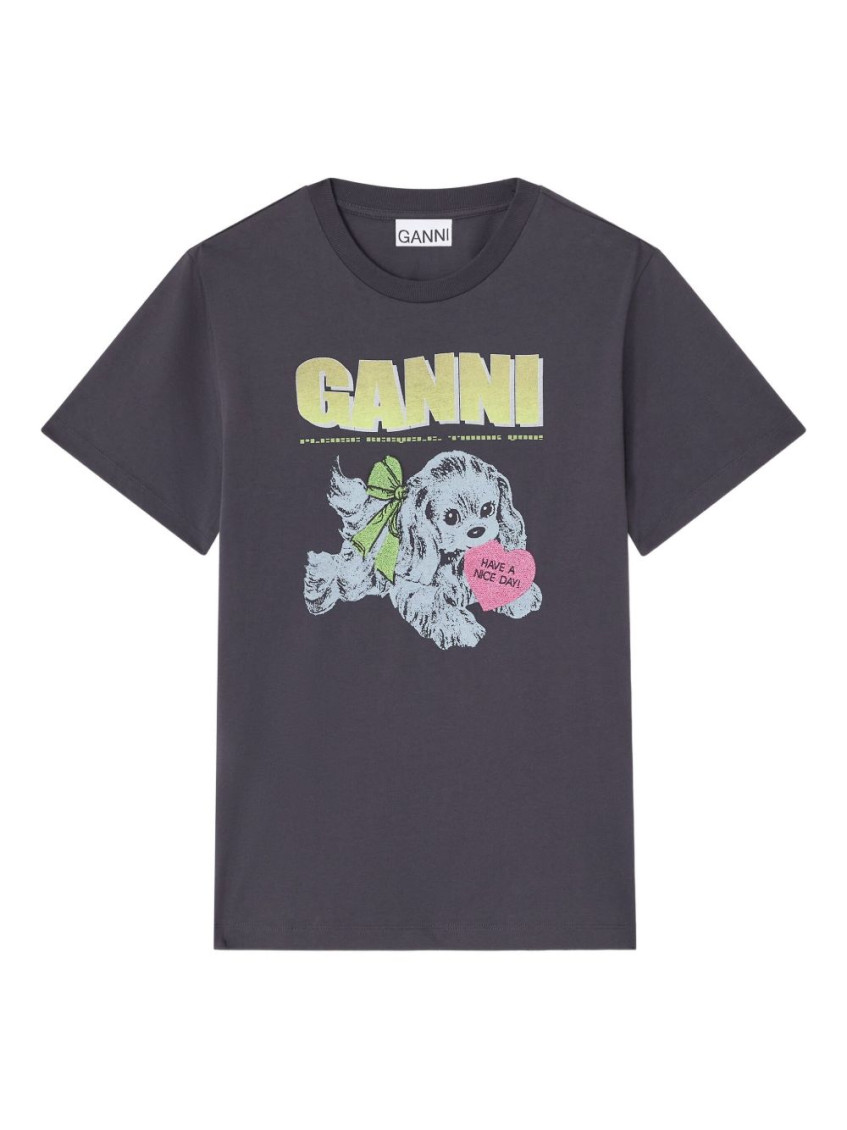 Ganni Organic Cotton T-shirt Featuring Dog Graphic In Gray
