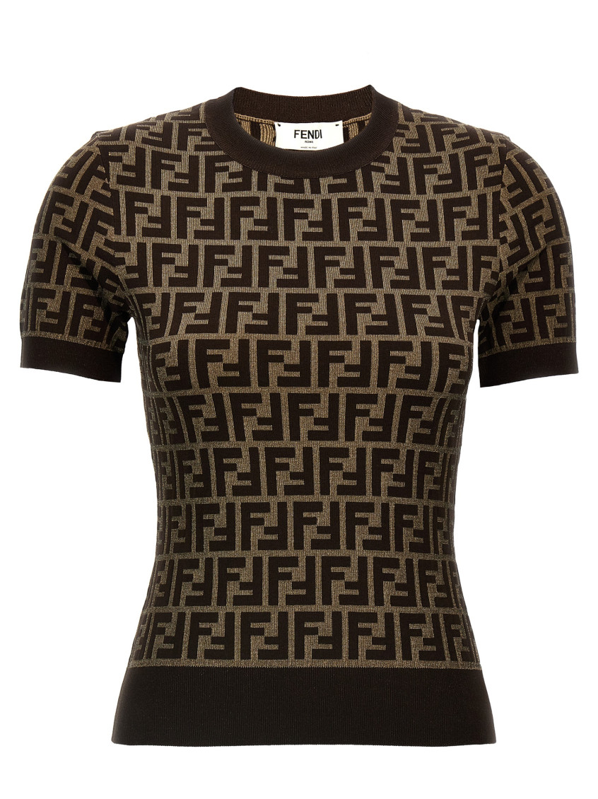 Fendi Women Brown T-shirt With Short Sleeves And All-over Ff Motiv In Cotton Woman In Black