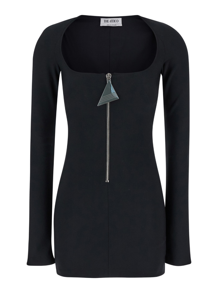 Attico Mini Black Dress With Branded Zip Puller In Tech Fabric Woman In Black