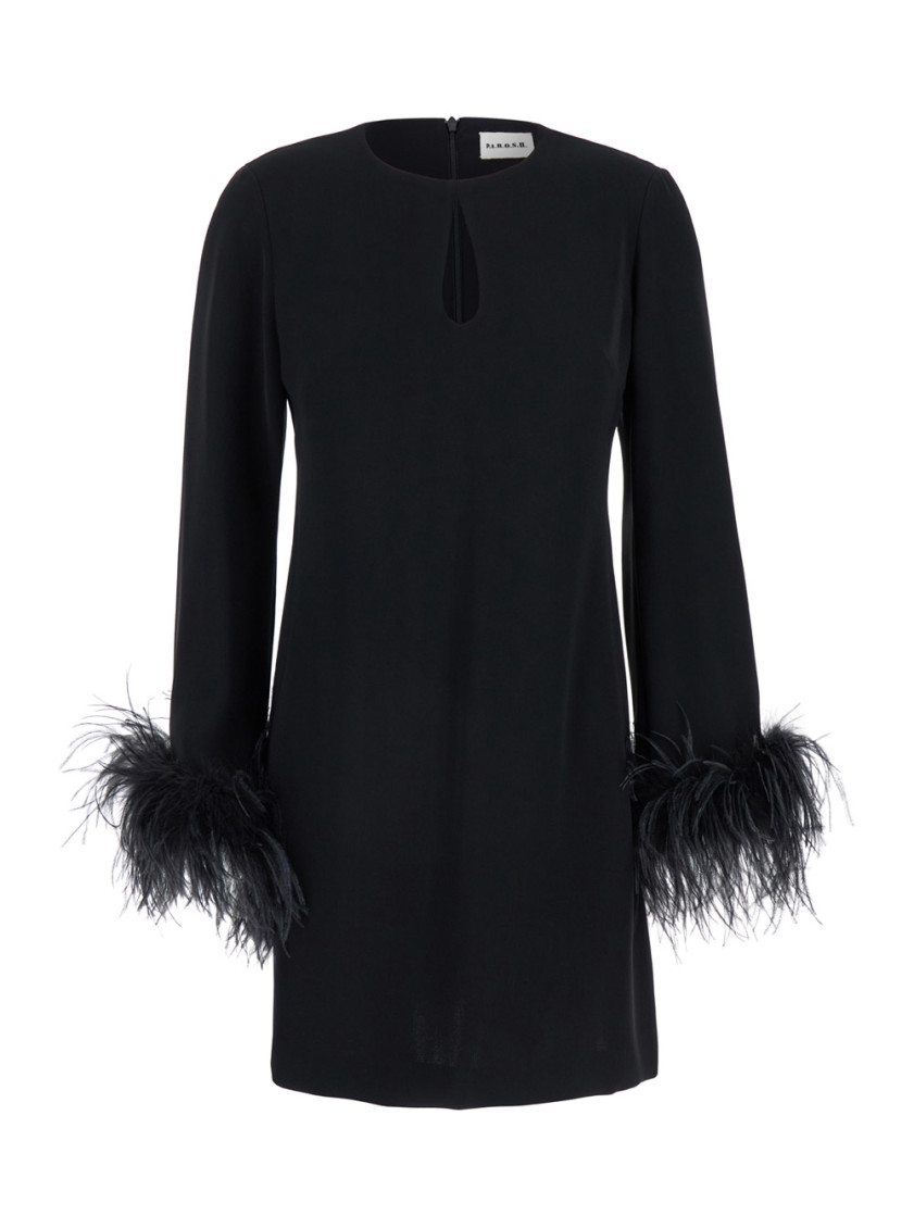 P.a.r.o.s.h Parosh Feather Trim Mini Dress With Elegant Silhouette And Keyhole Detail In Black