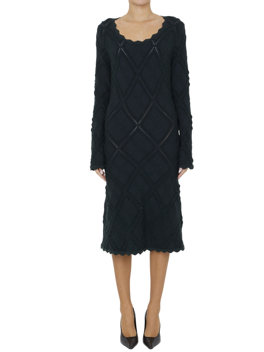 Burberry Green Knitted Sccop Neck Midi Dress In Blue