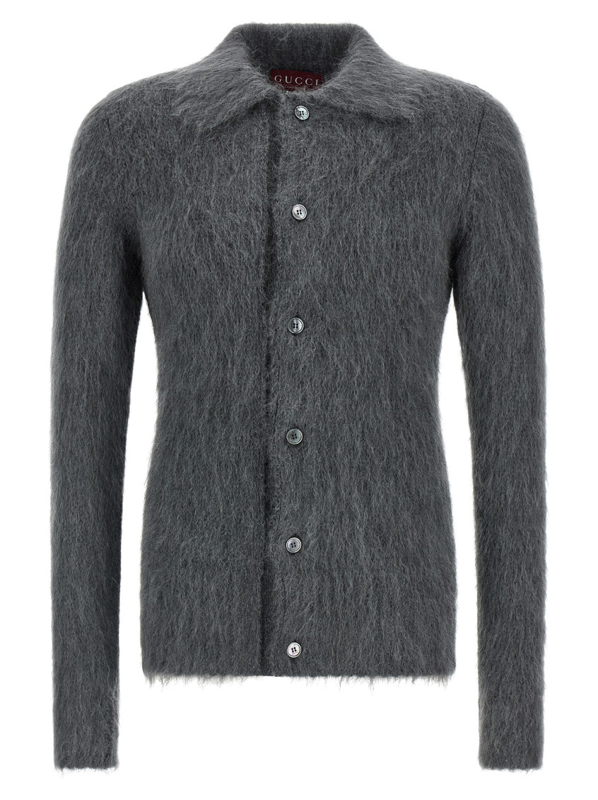 Gucci Men Grey Cardigan With Classic Collar And Brushed Effect In Mohair Blend Woman In Gray