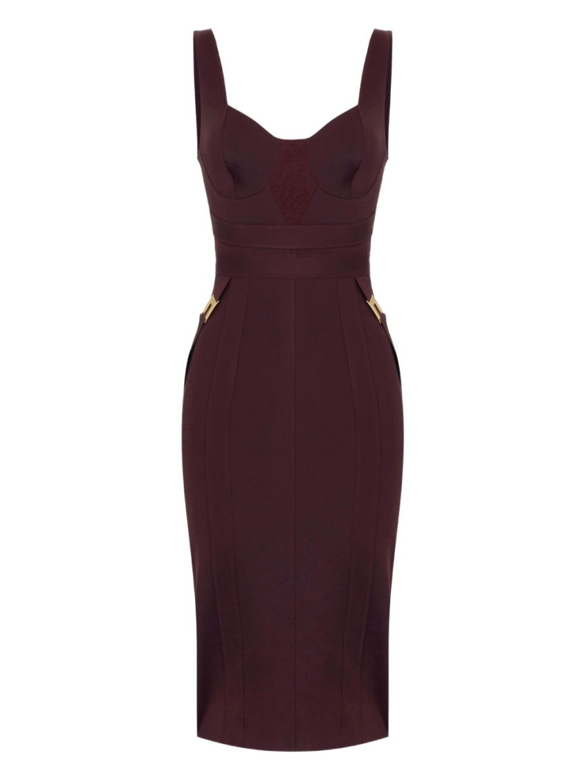 Elisabetta Franchi Structured Burgundy Midi Dress With Sweetheart Neckline In Multi