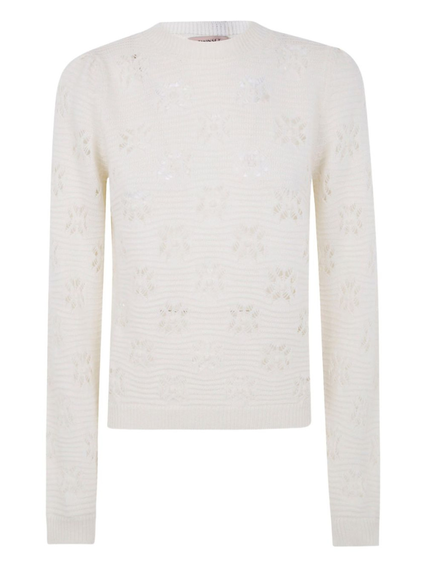 Twinset Twin-set Textured Knit Sweater With Subtle Floral Pattern In White