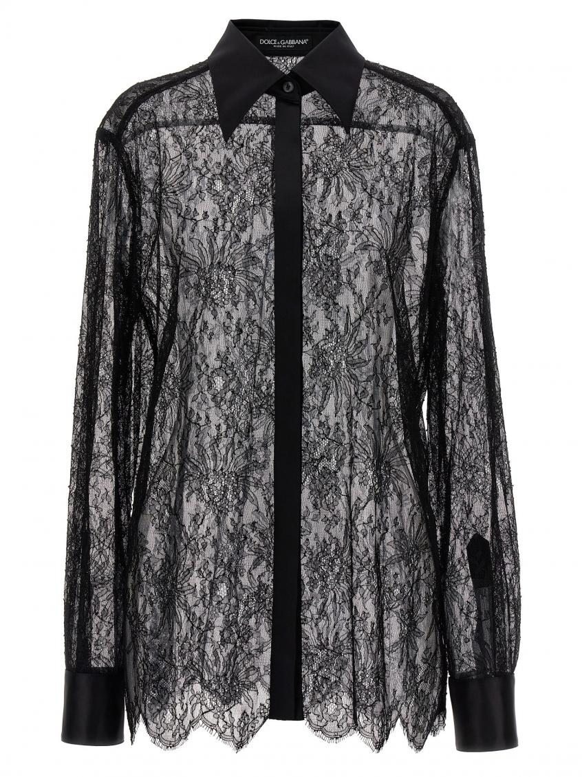 Dolce & Gabbana Black Slim Shirt With Satin Details In Chantilly Lace Woman In Black