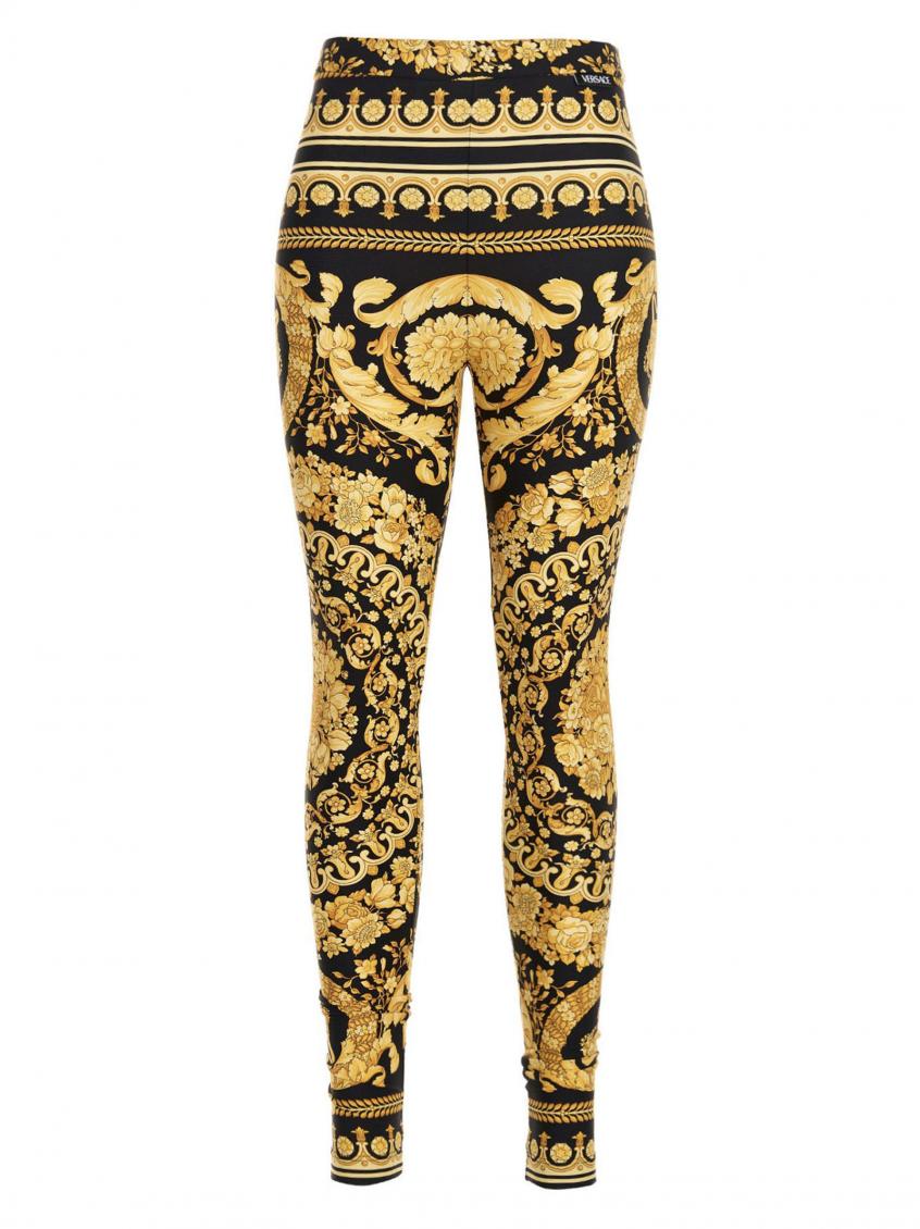 Versace Gold And Black Stretch Fabric Leggings With Baroque Heriatge Print In Multicolor