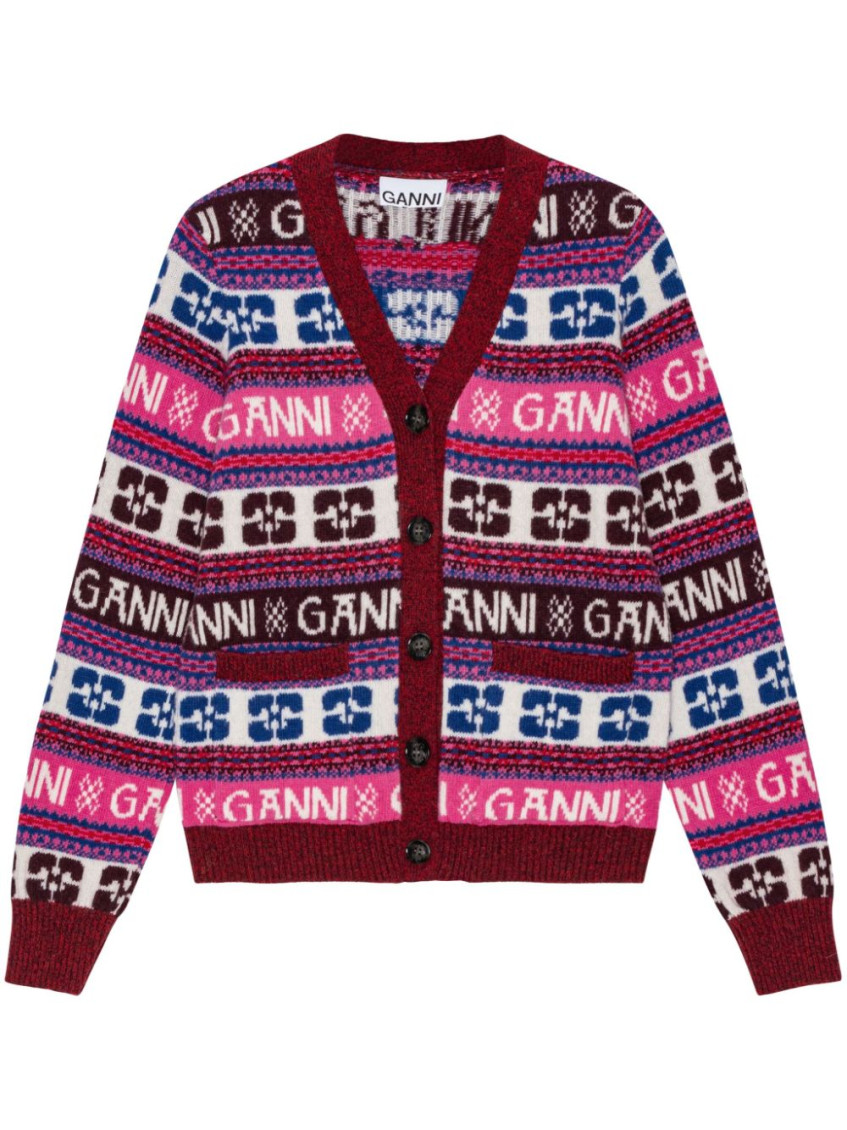 Shop Ganni Multicolor Logo Cardigan