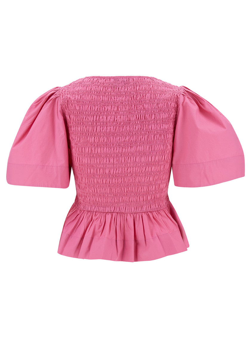 Ganni Pink Cottonpoplin Open-neck Smock Blouse In Fuchsia