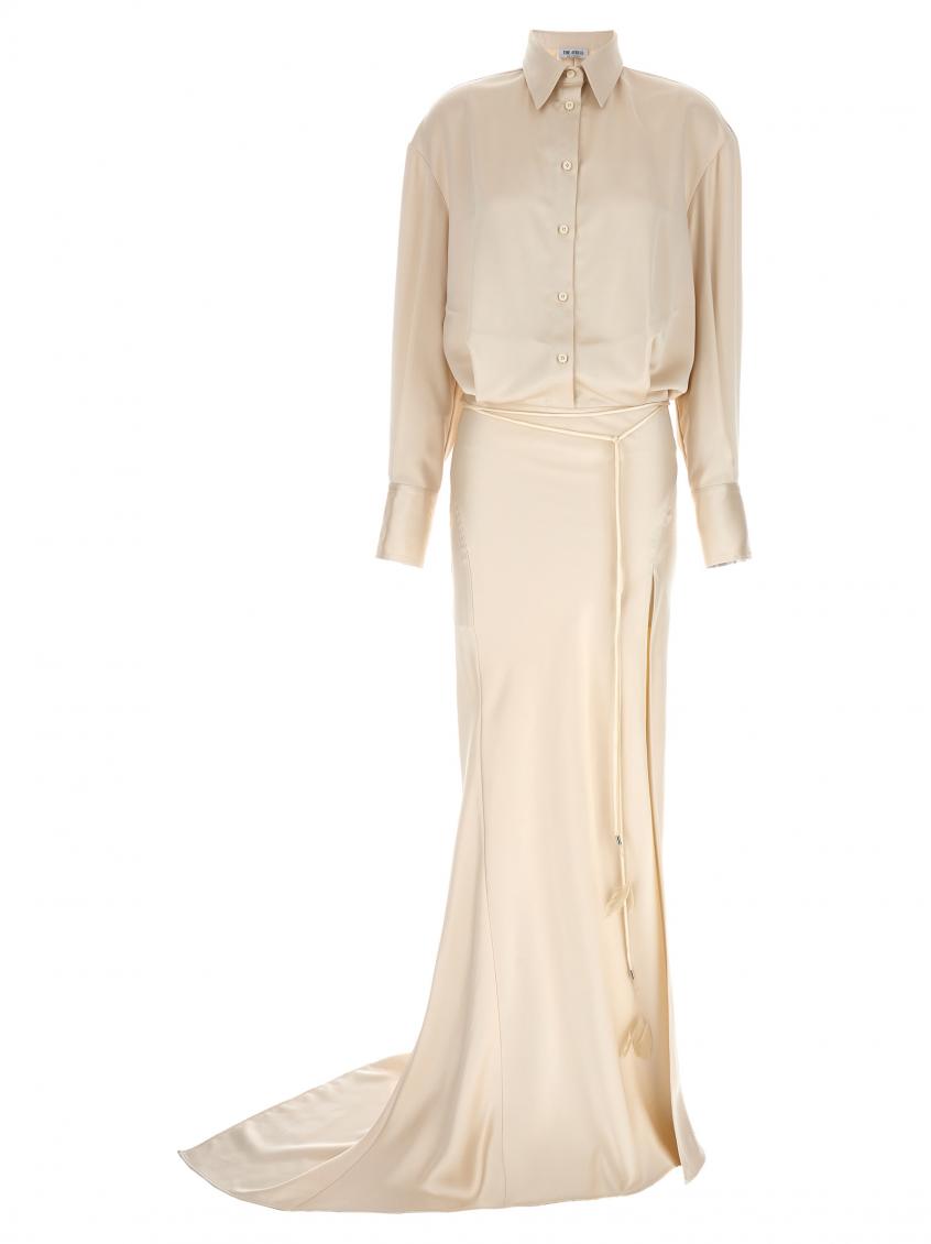 Attico Satin Chemisier Dress Draped Skirt In White