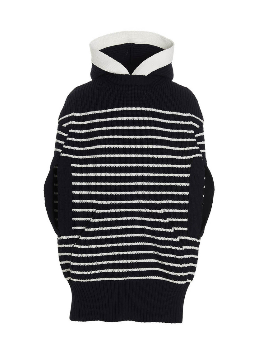 Shop Sacai Navy Blue Striped Hooded Cape