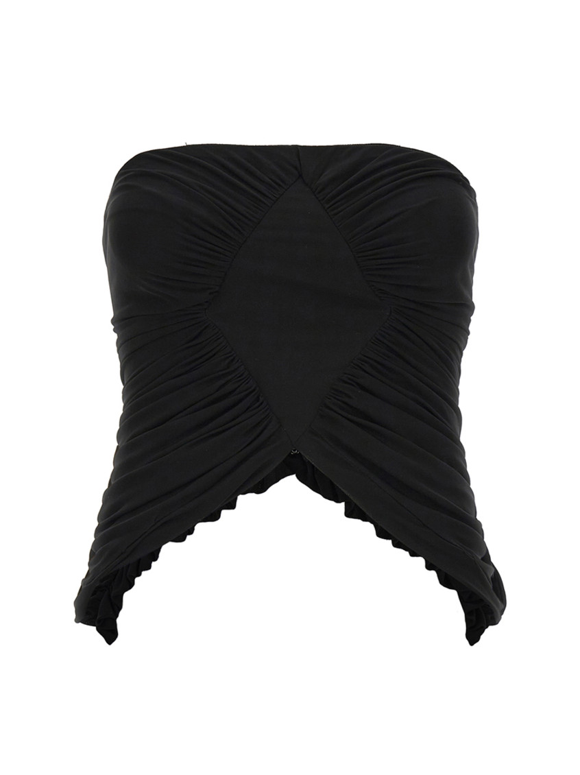 Saint Laurent Cupro Strapless Top With Ruched Asymmetric Hem In Black