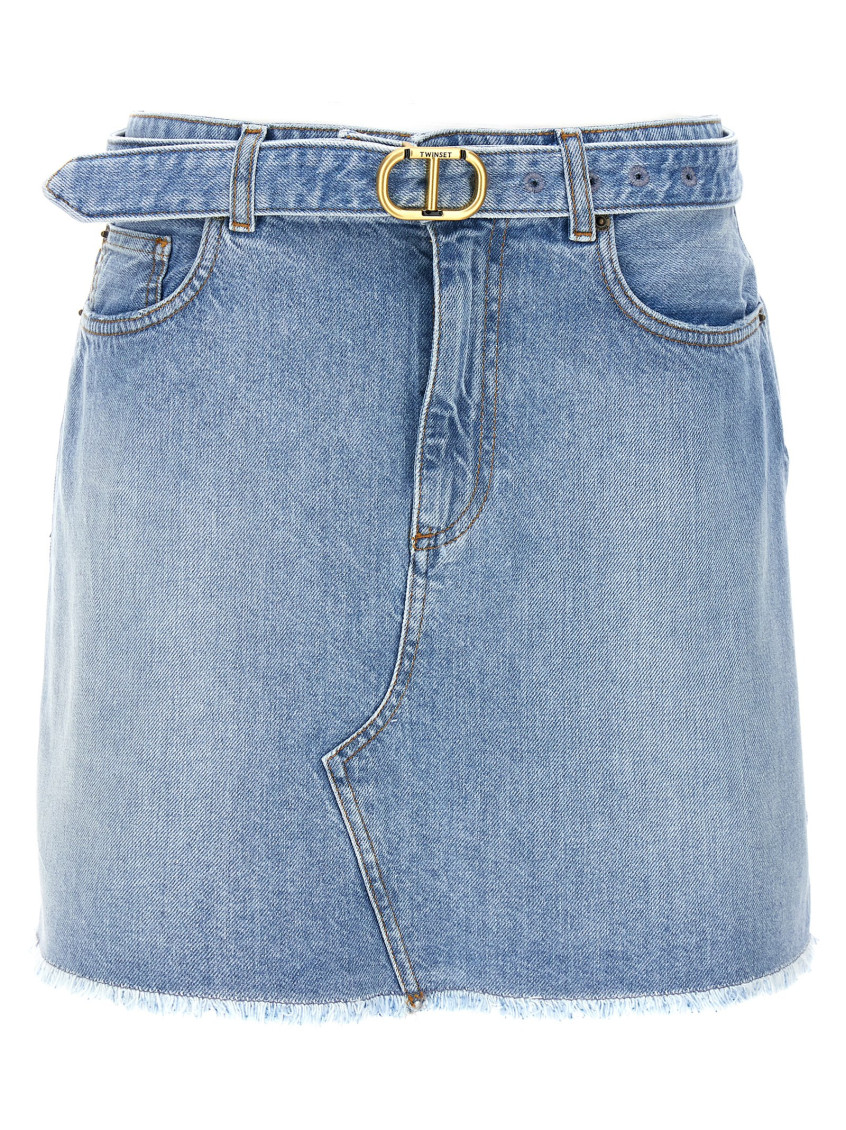 Shop Twinset Light Blue Logo Buckle Denim Skirt
