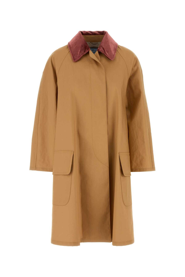 Prada Cotton Overcoat With Contrast Collar And Front Pockets In Brown