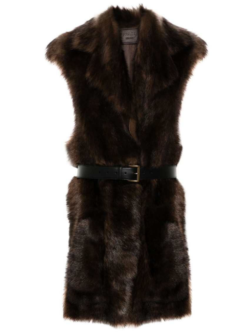 Shop Prada Brown Fur Sleeveless Trench Coat