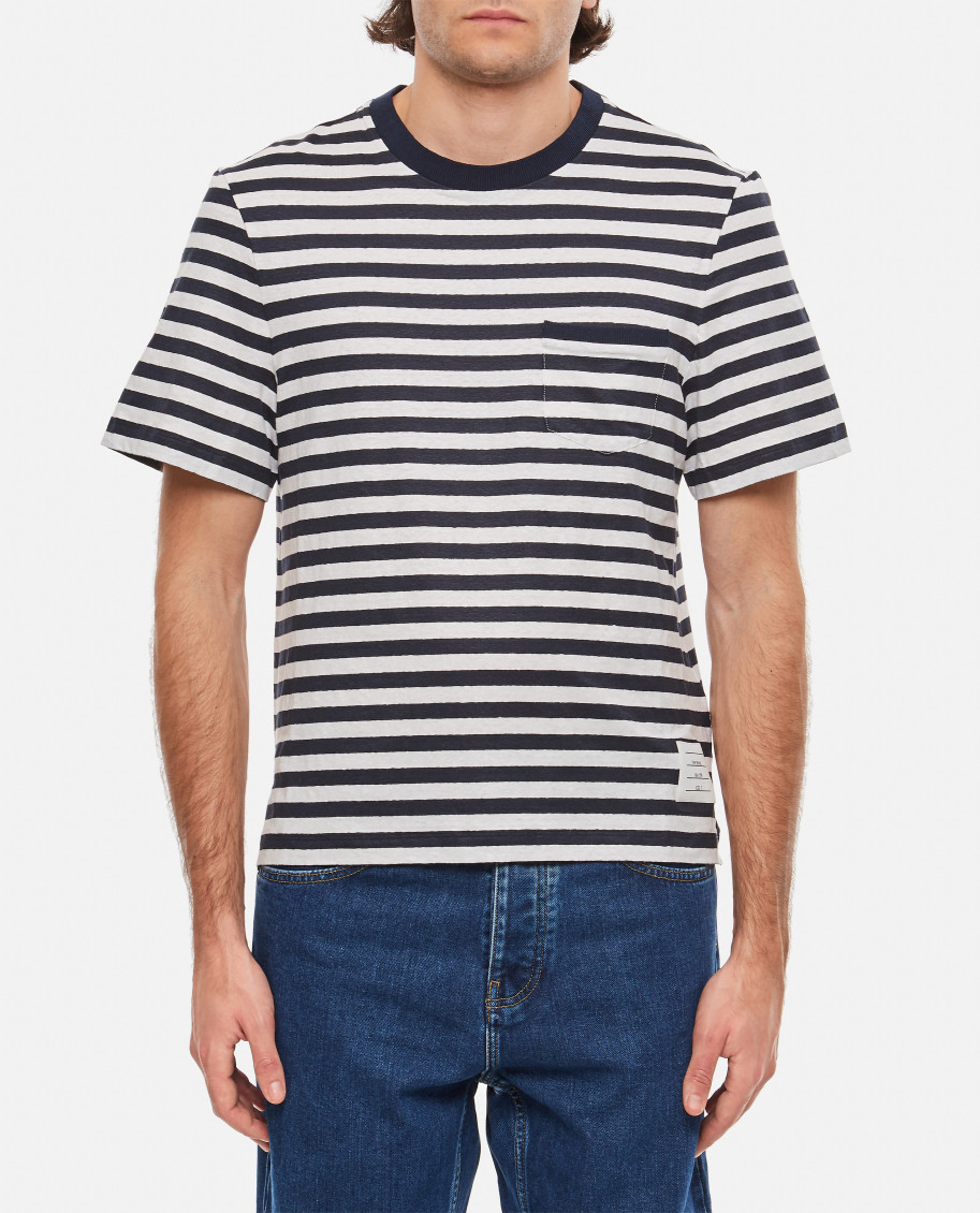 Tシャツ・カットソー THOM BROWNE LINEN STRIPED POCKET T-SHIRT Thom Browne Linen Striped Pocket T-shirt In Blue | ModeSens