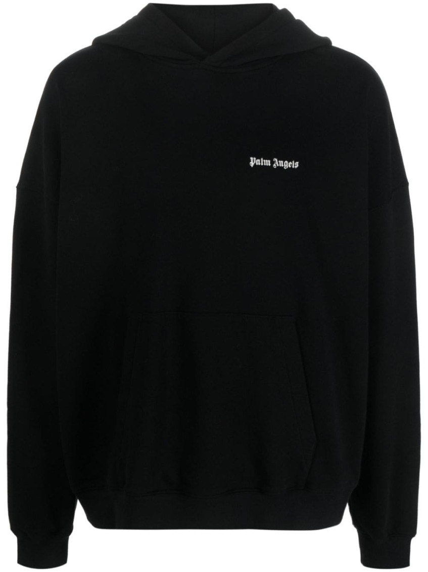 PALM ANGELS BLACK EMBROIDERED LOGO COTTON HOODIE 