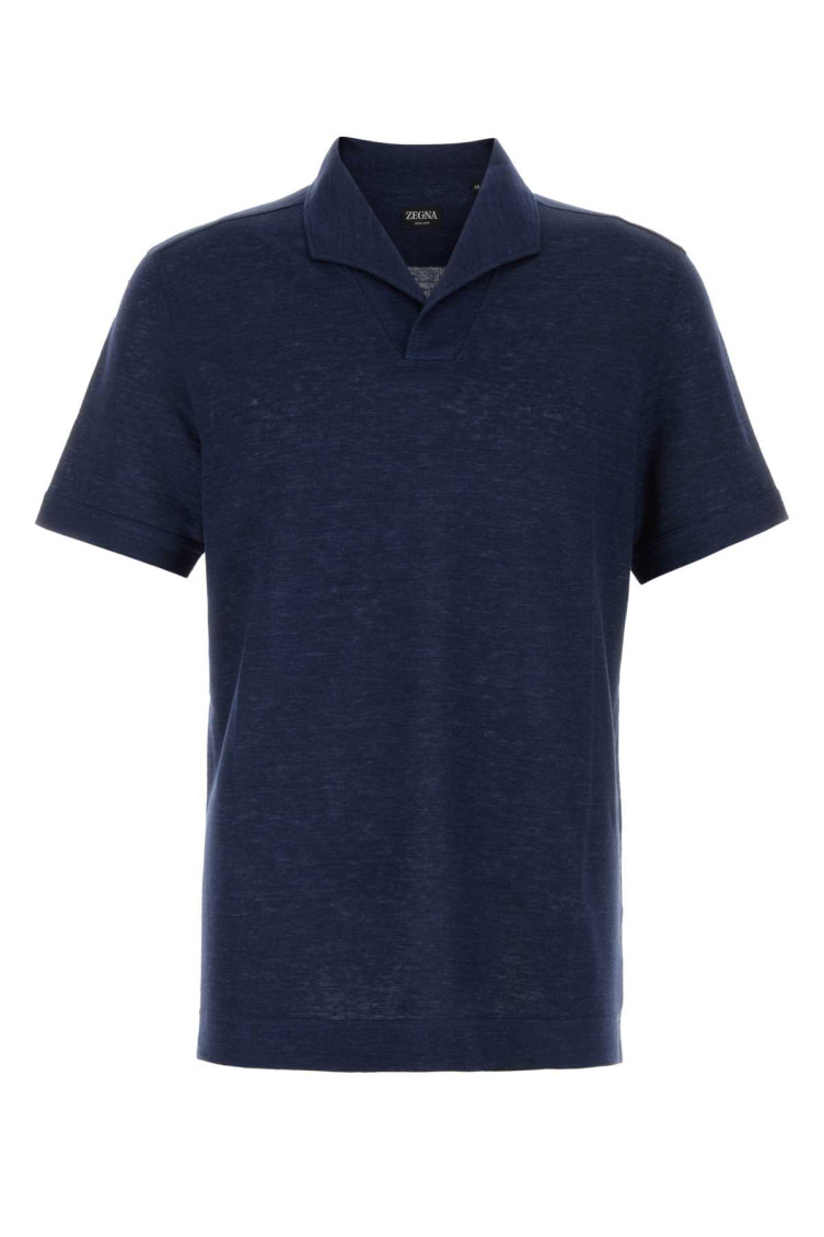 ZEGNA NAVY BLUE LINEN POLO SHIRT