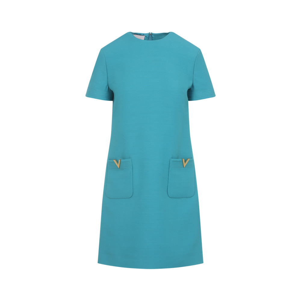 Valentino V-logo Pocket Short-sleeve Crepe Mini Dress In Blue