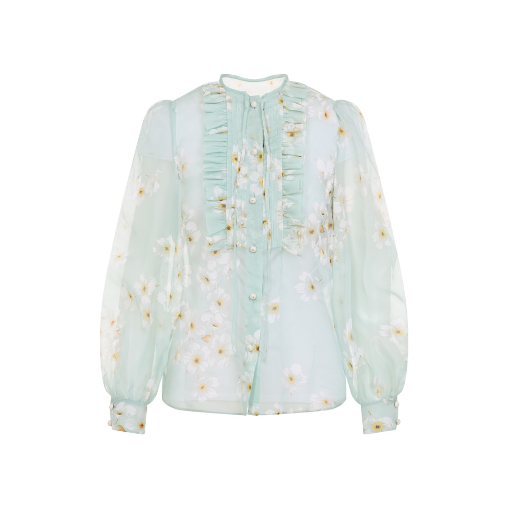 Valentino Silk Shirt With Balloon Sleeves And Floral Print In Blue
