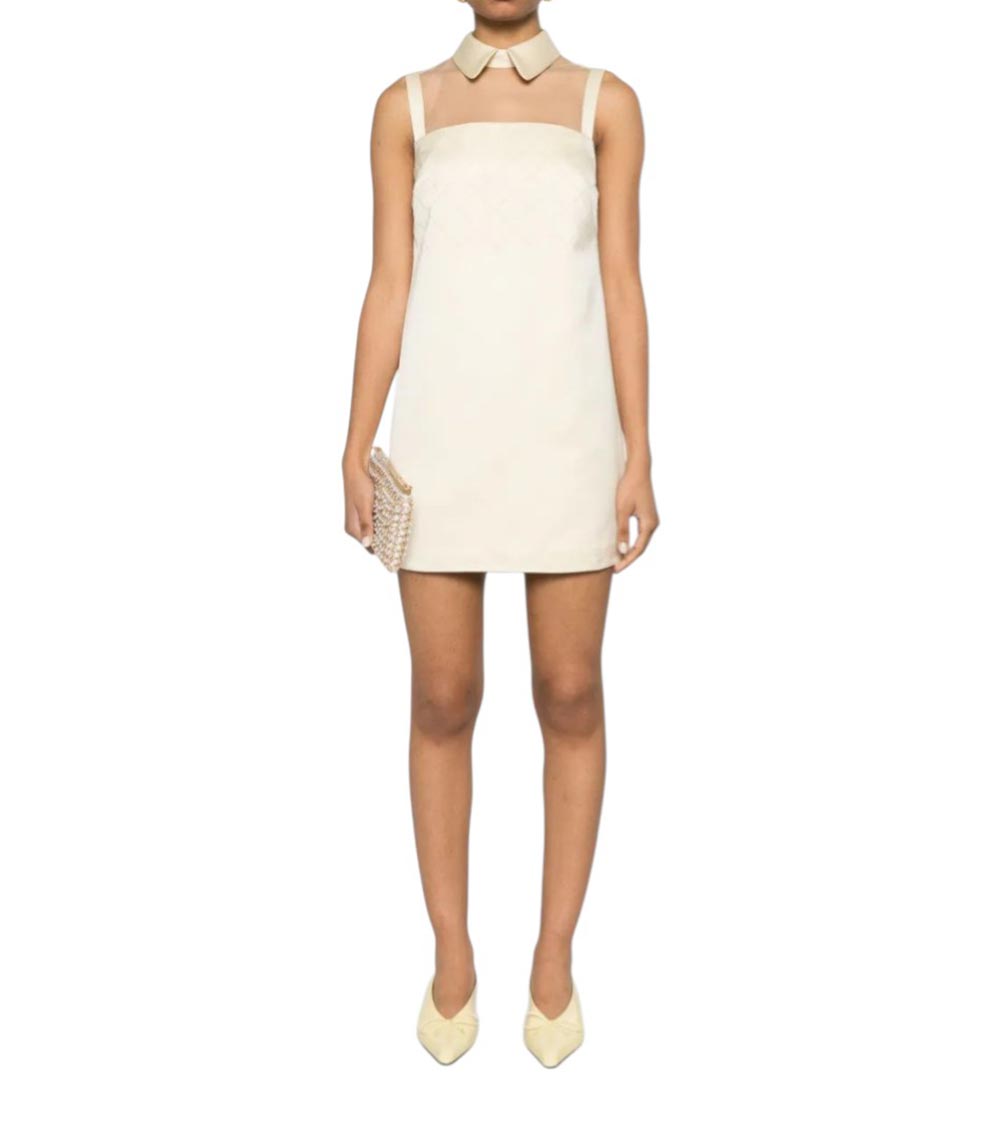Elisabetta Franchi Light Yellow Rhinestones Satin Mini Dress In Neutral