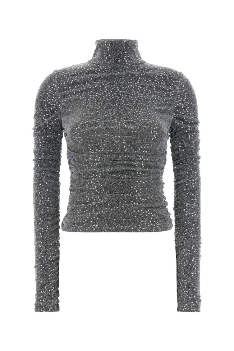 Dolce & Gabbana Ruched Sequin-embellished Lurex Turtleneck Blouse In Gray