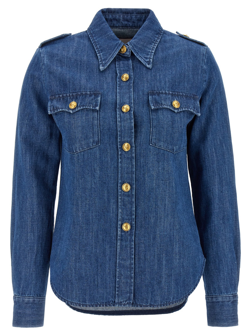 Valentino Casual Shirt With Chest Pockets And Epaulettes In Blue