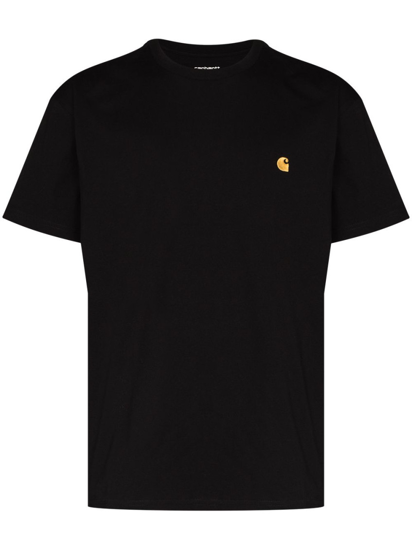 Carhartt Black Cotton T-shirt With Gold Embroidered Logo In Black
