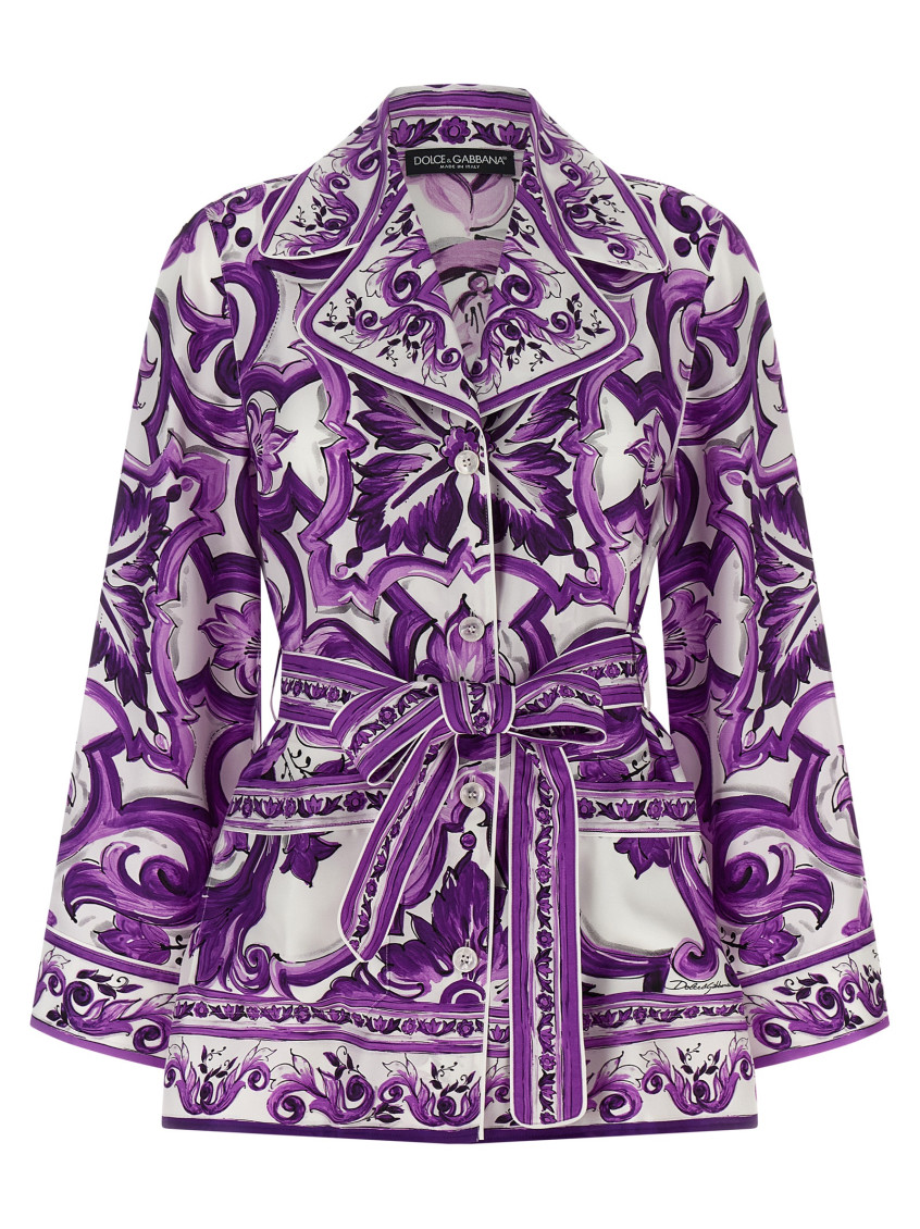 Dolce & Gabbana Waist Belted Collared Floral Sleeved Shirt In Purple