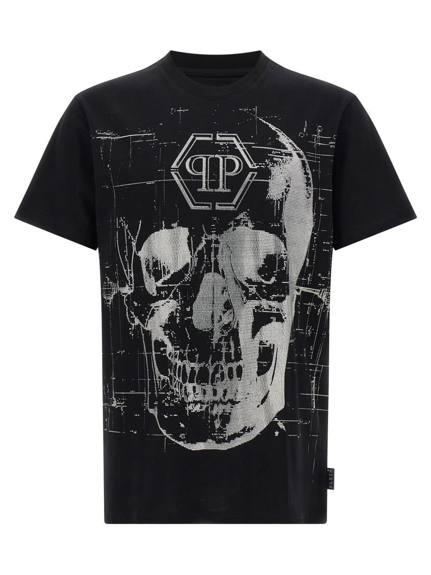 Philipp Plein Crew Neck Black T-shirt With Crystal Skull Design And Logo Patch In Black