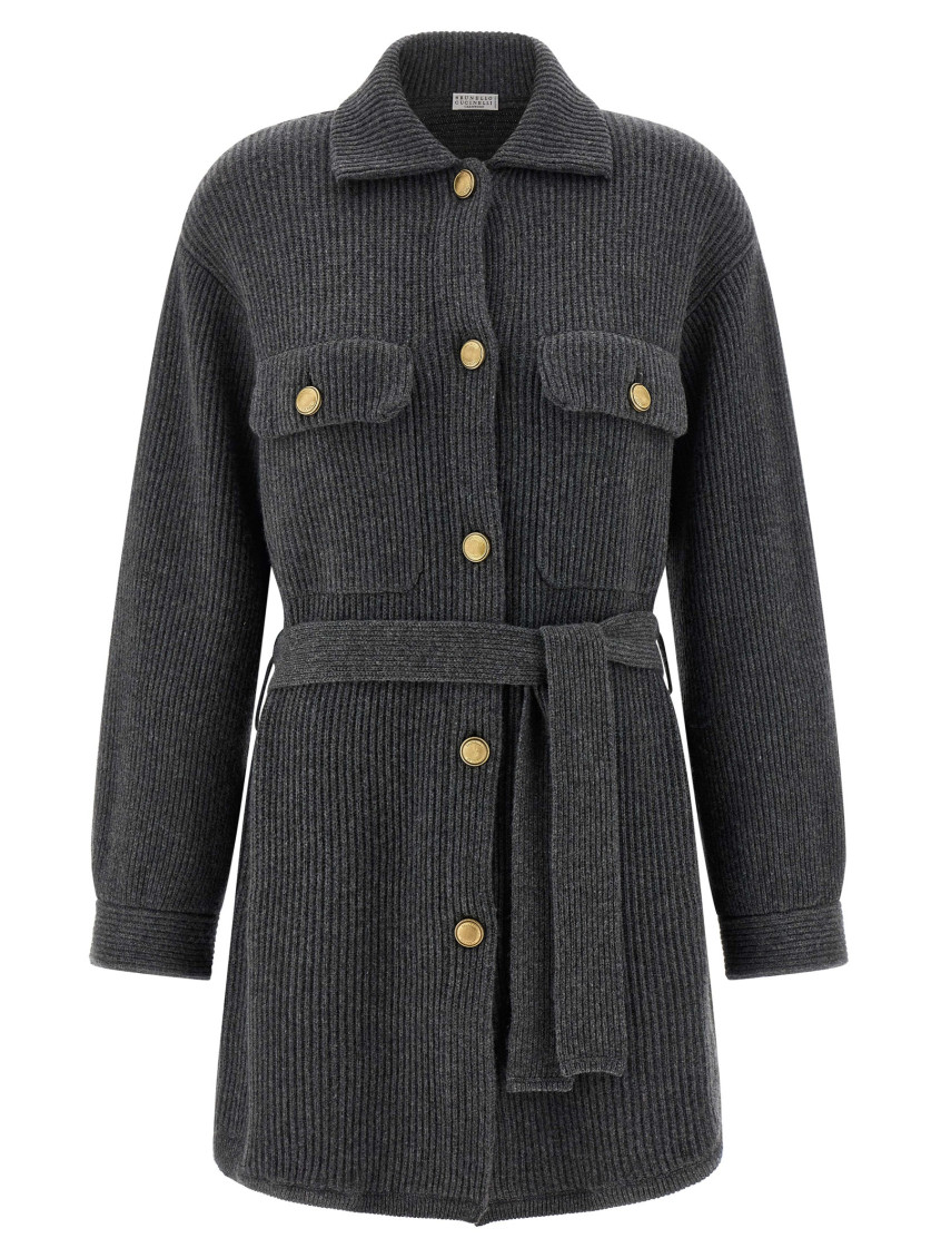 Brunello Cucinelli Belted Cardigan In Gray