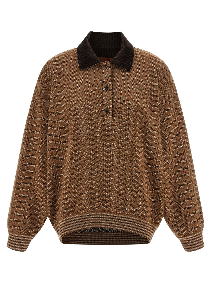 Missoni Chevron Pattern Long Sleeve Collared Sweater In Brown