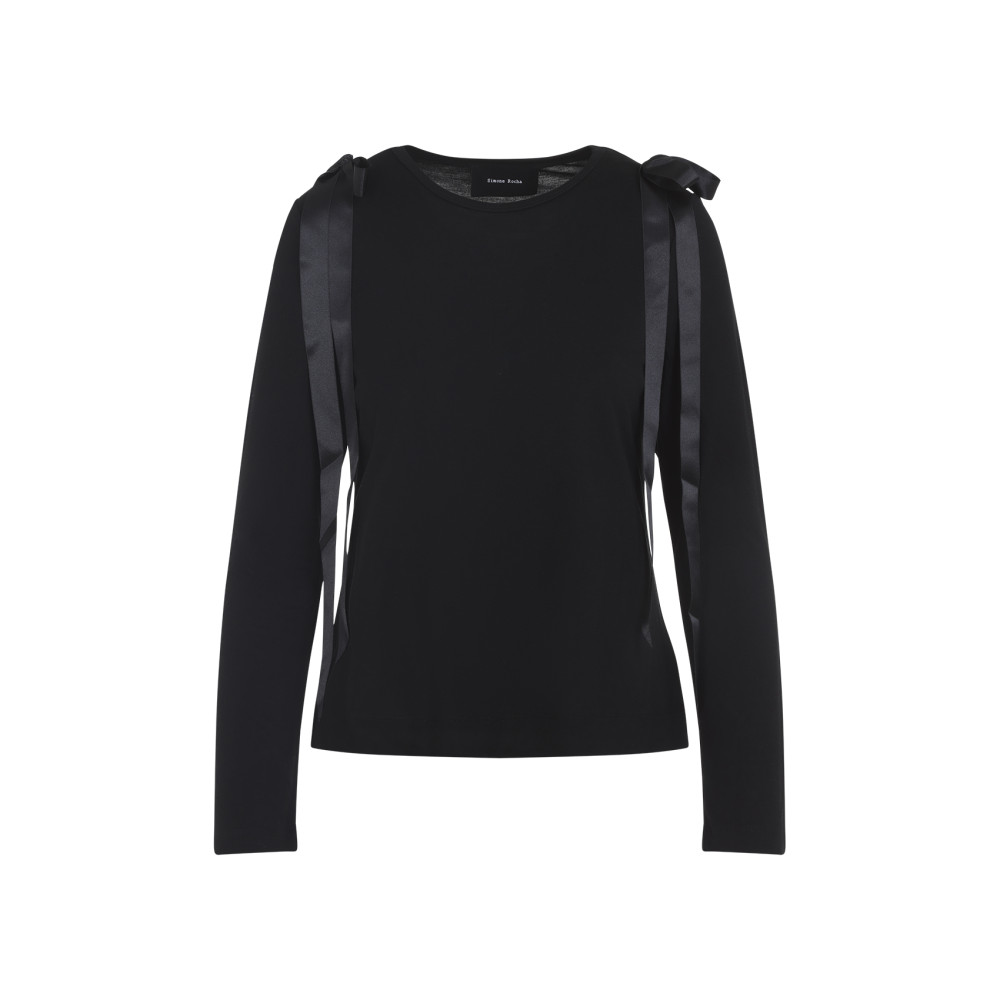 Simone Rocha Womens Black Bow-ribbon Long-sleeves Woven T-shirt In Black