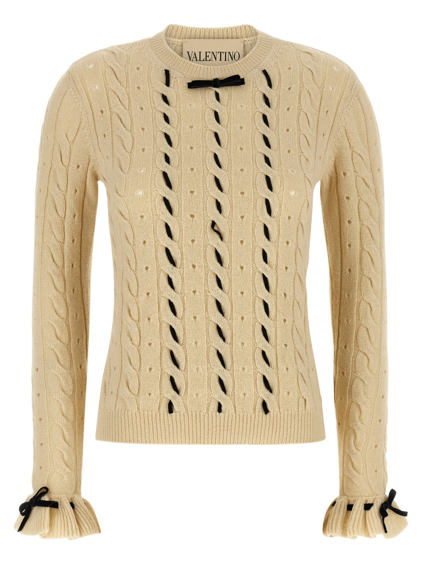 Valentino Wool Sweater With Bow Detail And Cable Knit Pattern In White