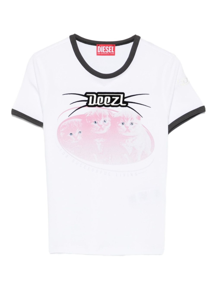 Diesel White Cotton T-shirt With Print And Contrasting Edges In White