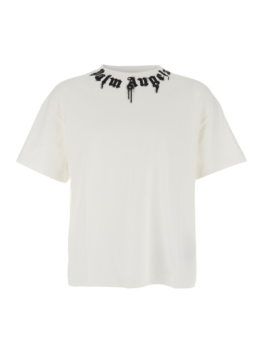 Palm Angels Classic Fit White Cotton T-shirt With Graphic Branding In White