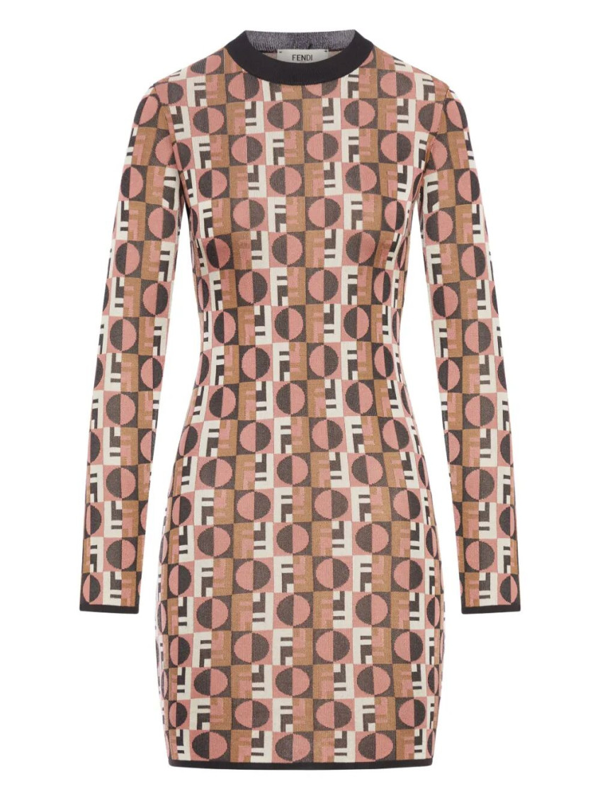 Fendi Optical Archive Print Long Sleeve Crewneck Knit Mini Dress Dresses Multicolor In Multi