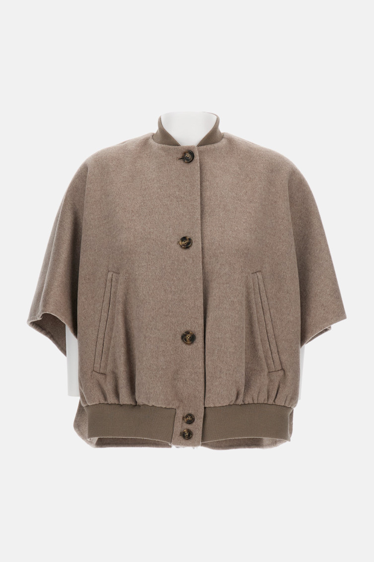 Max Mara Ribbed Hem Short Sleeve Cape With High Collar In Brown
