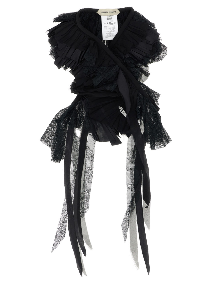 Alberta Ferretti Georgette Collar With Flounces And Lace Fringes In Black