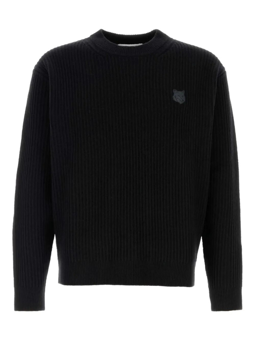 Maison Kitsuné Ribbed Knit Sweater With Cropped Fit And Embroidered Emblem In Black