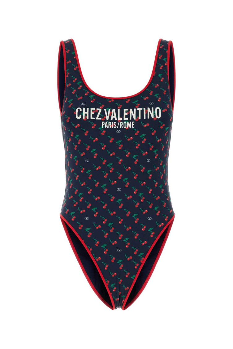 Valentino Garavani Lycra Swimsuit With Cherryfic Print In Blue
